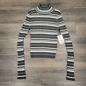 Pink Republic Striped Turtleneck‎ Top Ribbed Knit Long Sleeve Gray White XL